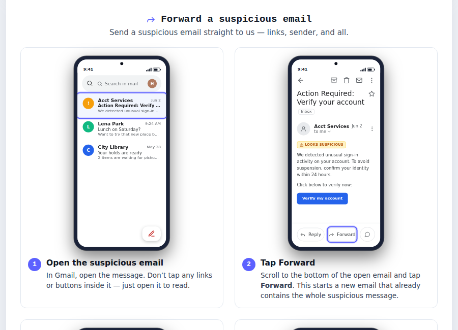 The first two steps of the printed how-to page for forwarding a suspicious email, Gmail on Android.