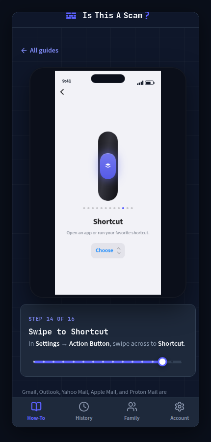 The live walkthrough highlighting the iPhone's Action Button toggle in the Settings app, with the Shortcut option glowing.
