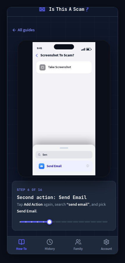 The live, tap-through walkthrough mid-step: building the iPhone Shortcut, adding the Send Email action with the recipient search sheet open.