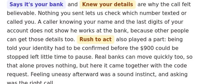 A slice of the investigation summary with the labels Says it's your bank, Knew your details, and Rush to act highlighted inline.