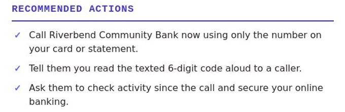 The top of a real check: a Recommended Actions heading followed by three checkmark steps, including calling the bank only with the number on your card or statement, never a number from the text or call.