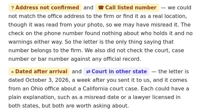 A slice of the investigation summary with the labels Address not confirmed, Call listed number, Dated after arrival, and Court in other state highlighted inline.