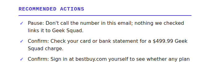 The top of a real check: a Recommended Actions heading followed by three checkmark steps, including not calling the number in the email.