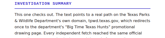 A slice of the investigation summary explaining this text points to a real path on TPWD's own domain, tpwd.texas.gov.